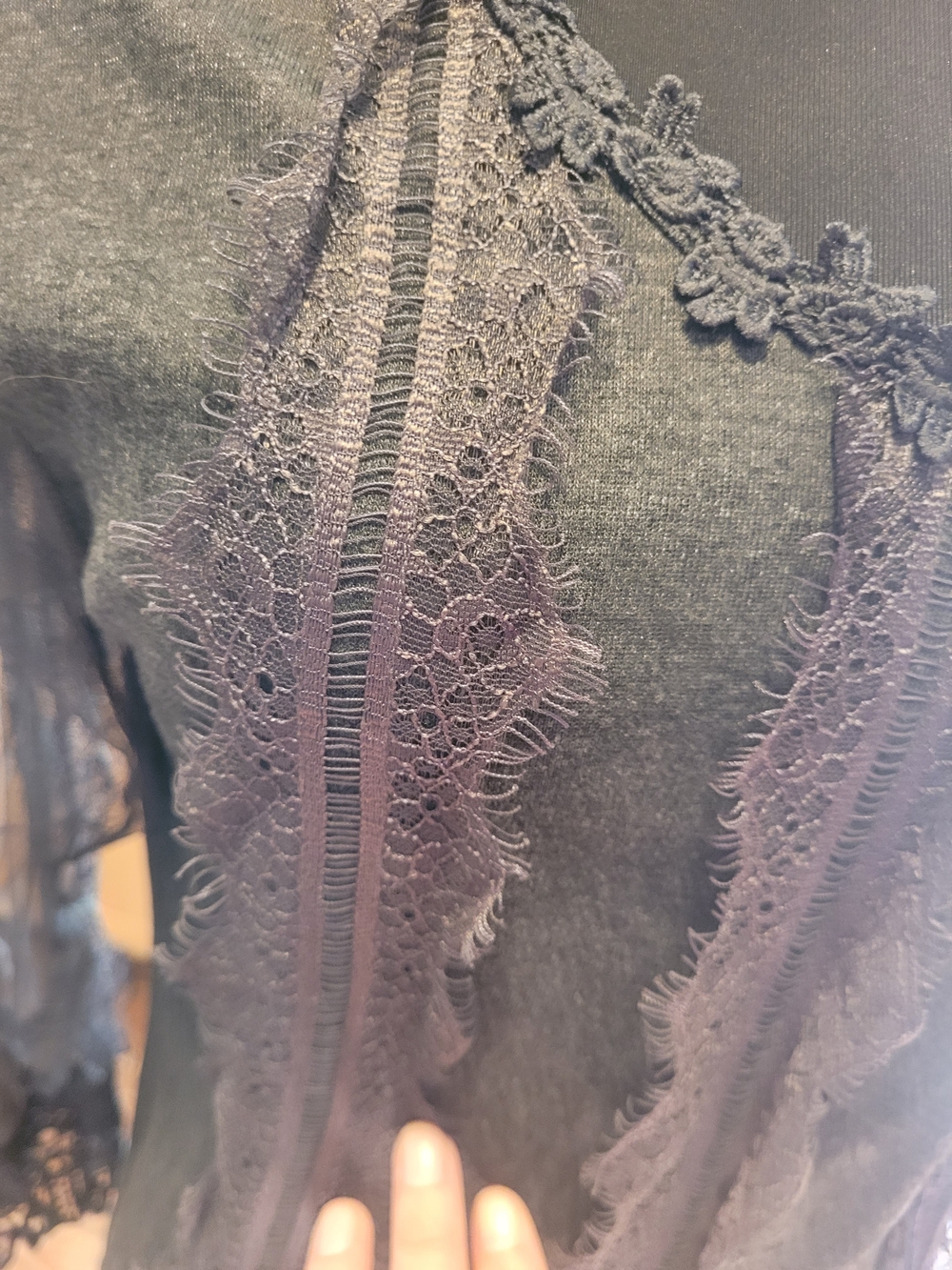 Pretty Angel Dark Gray Lace Trimmed Long Sleeve Blouse - Picture 2 of 7
